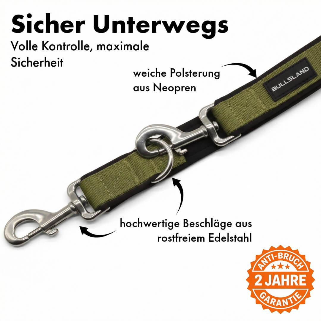 Dog leash with stainless steel carabiner - 3-way adjustable - with neoprene padding - Navy Green