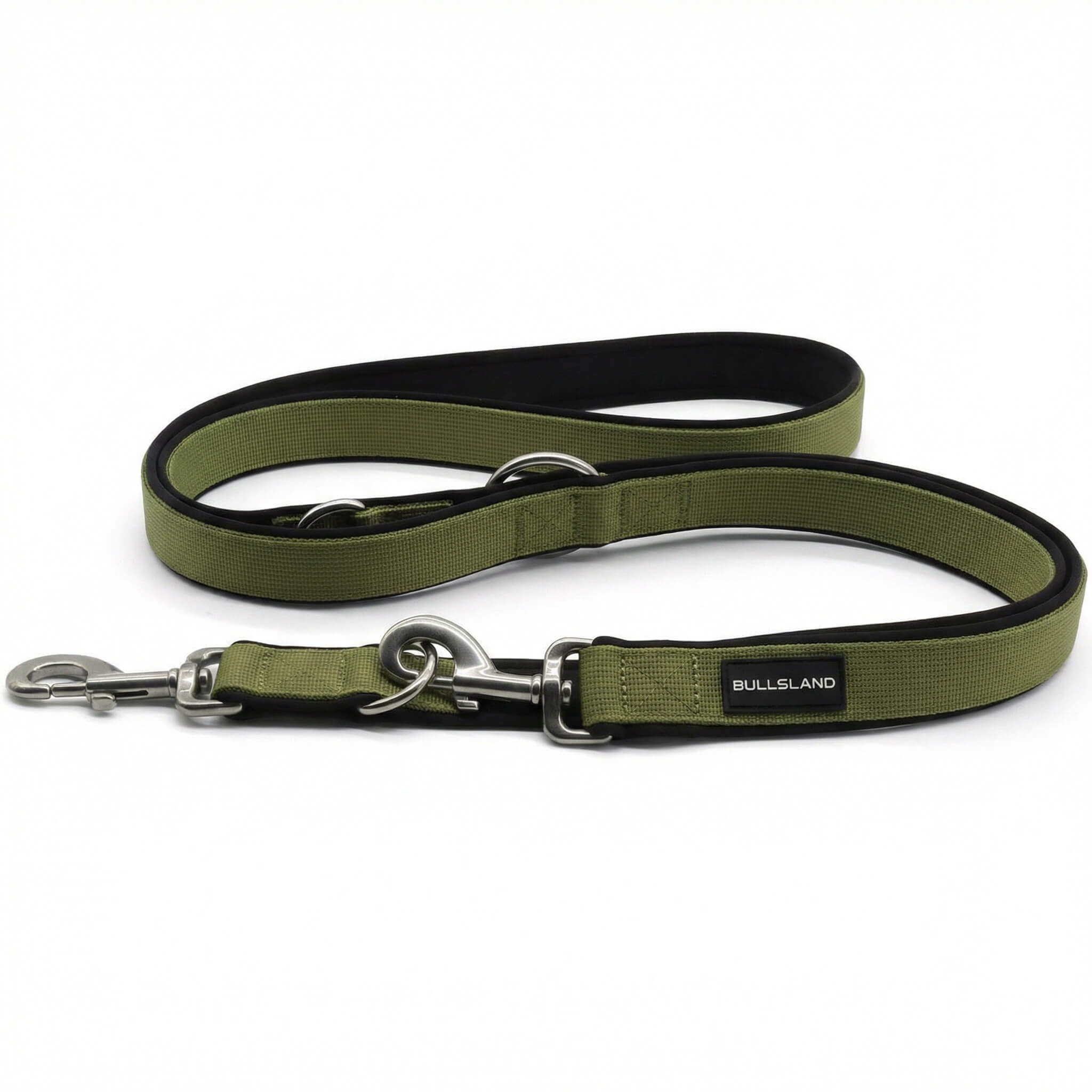 Dog leash with stainless steel carabiner - 3-way adjustable - with neoprene padding - Navy Green