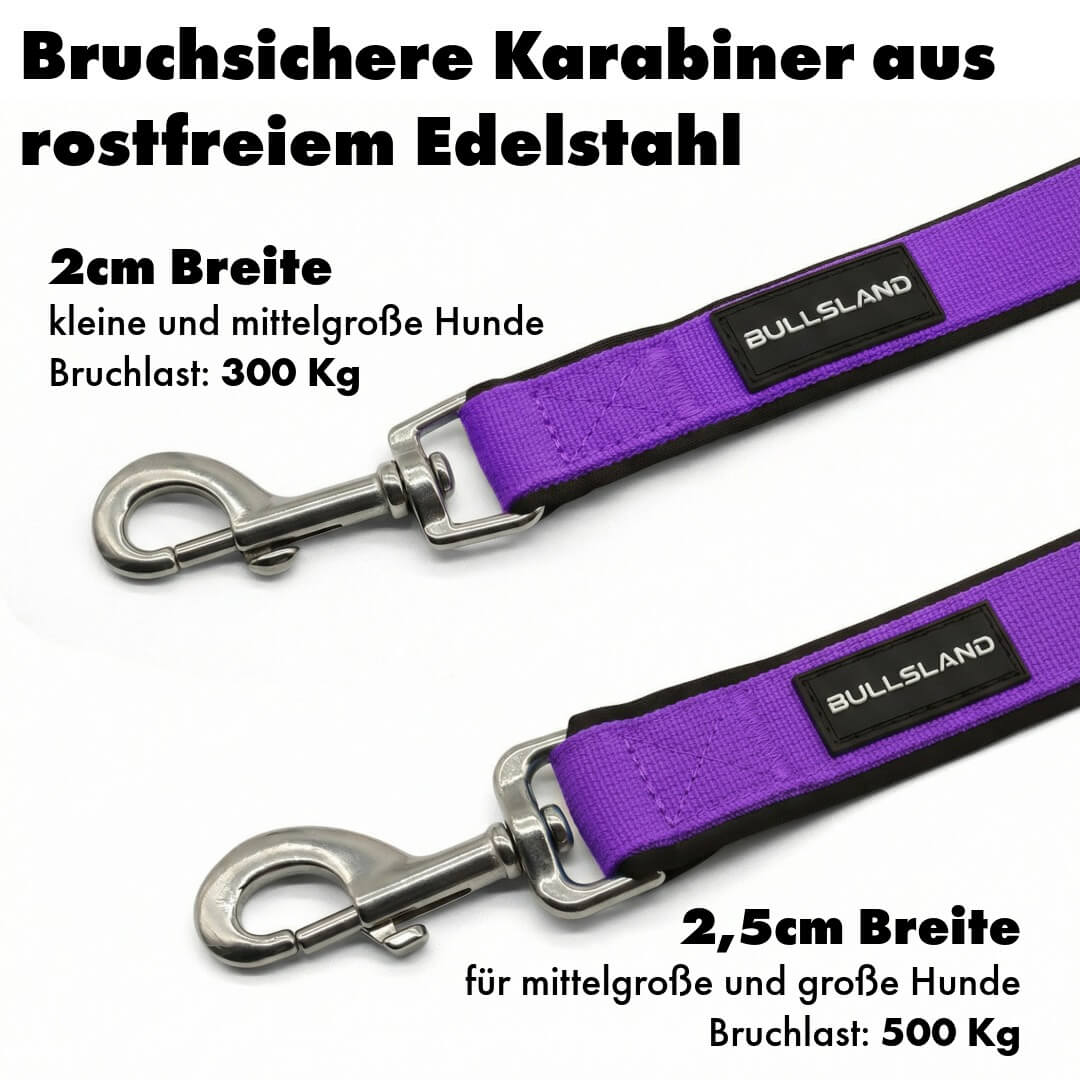 Hundeleine mit Edelstahl Karabiner- 3-fach verstellbar – mit Neoprenpolster - Lila