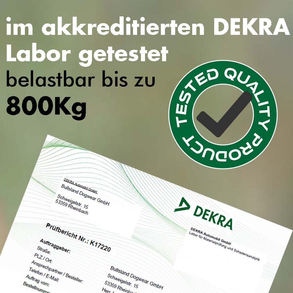 DEKRA-zertifiziertes Hundehalsband, getestet auf Belastbarkeit bis 800 kg.