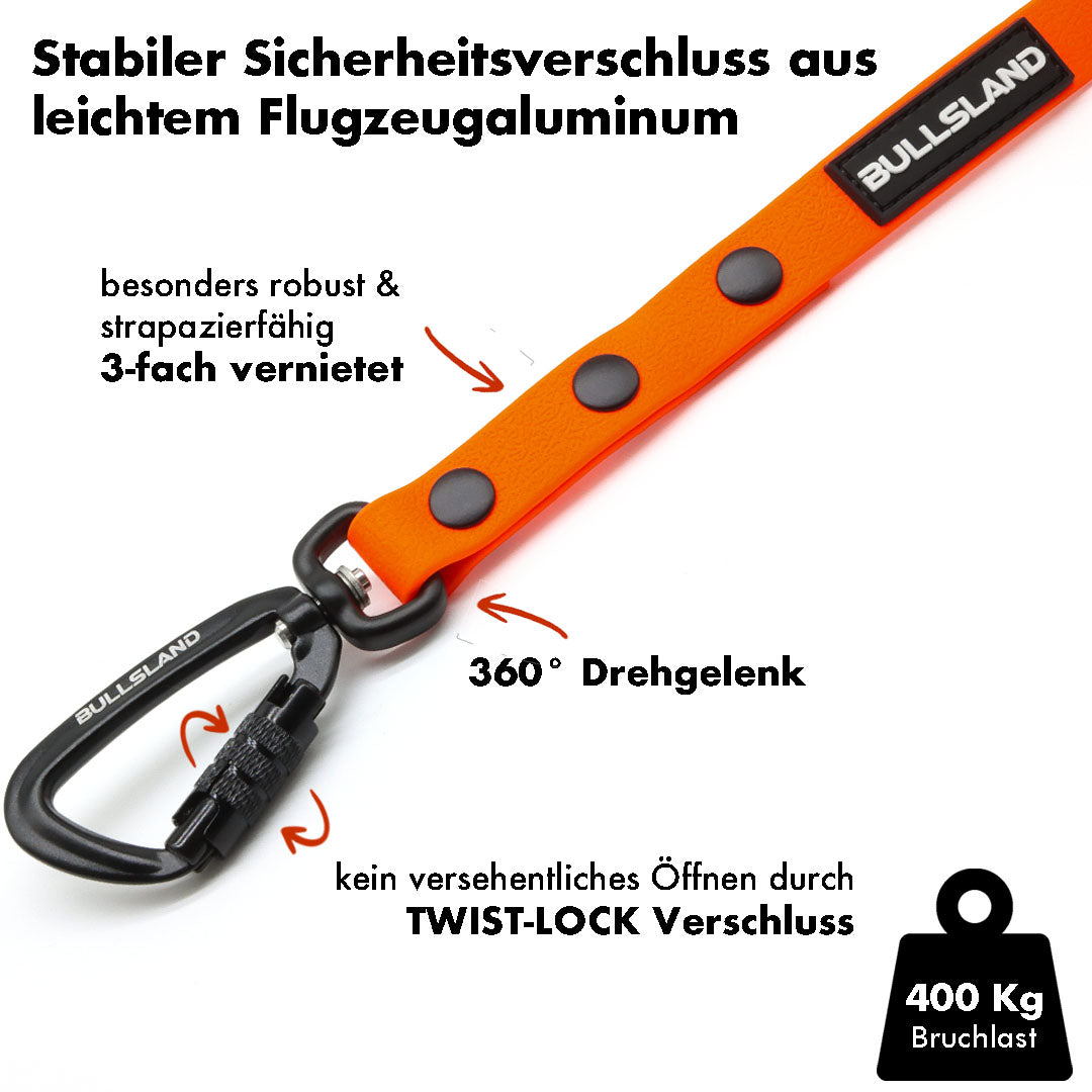 PVC Tracking Leash for Dogs – Waterproof & Easy-Care, with Twist-Lock Safety Carabiner & Neoprene Handle – Orange