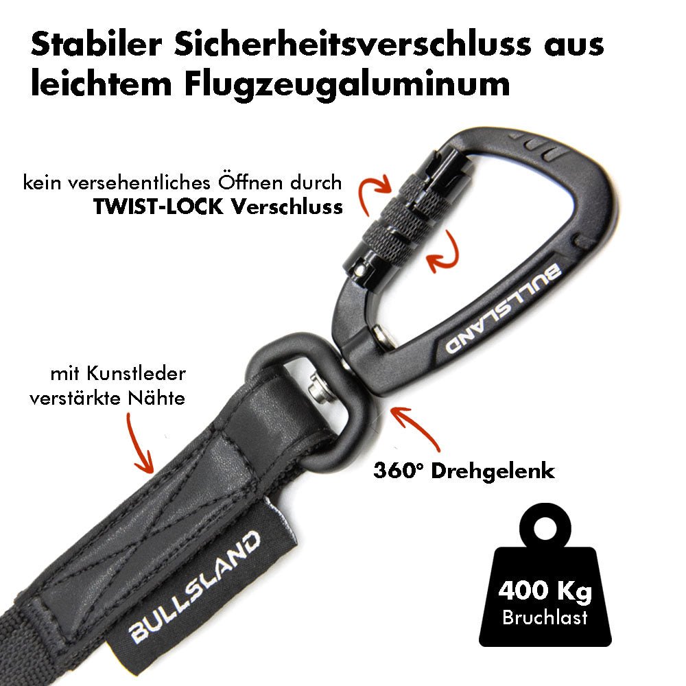 TWIST-Lock Sicherheitskarabiner aus Flugzeugaluminium mit 360° Drehgelenk, 400 kg Bruchlast.