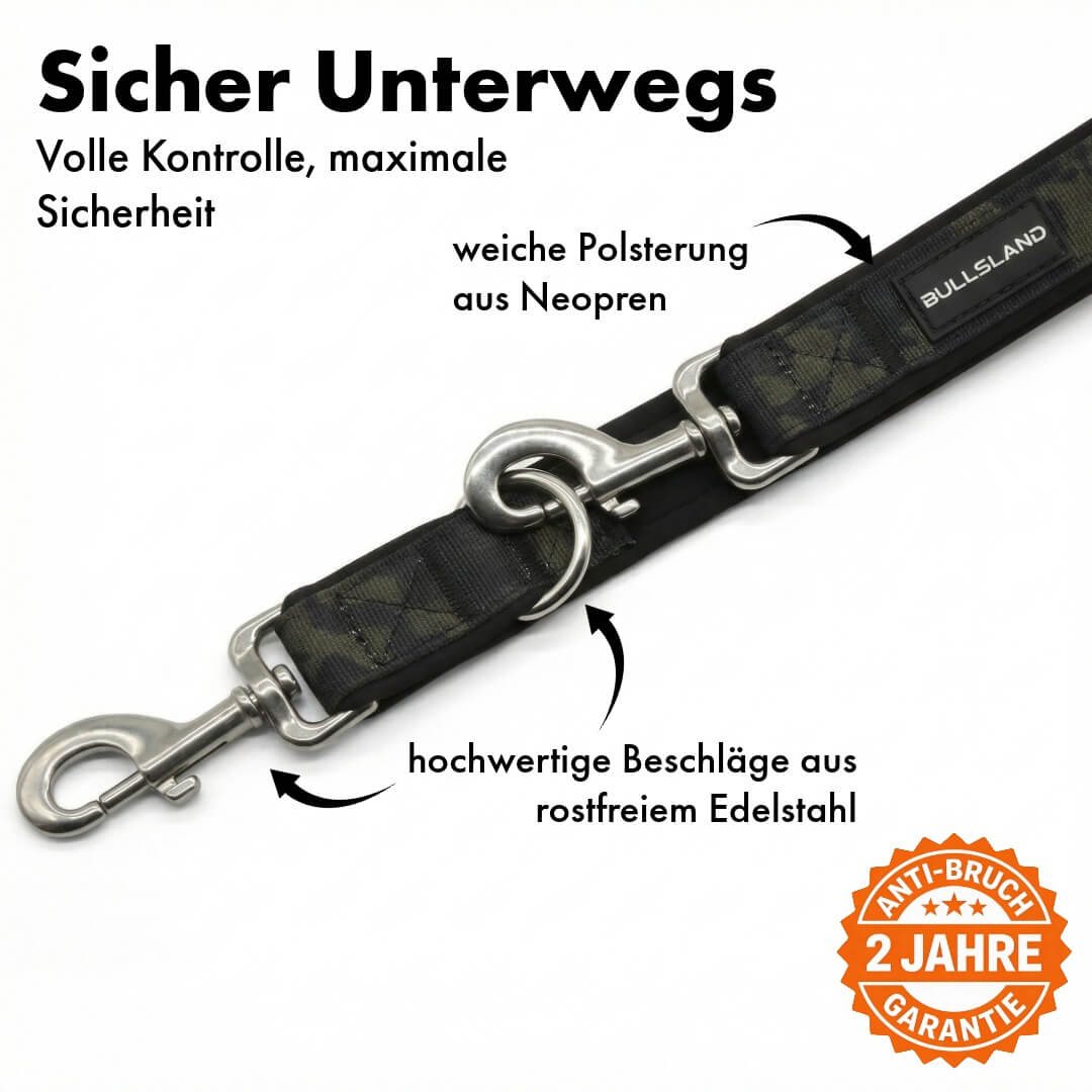 Hondenriem met roestvrijstalen karabijnhaak - 3-voudig verstelbaar - met neopreen vulling - Zwart camouflage