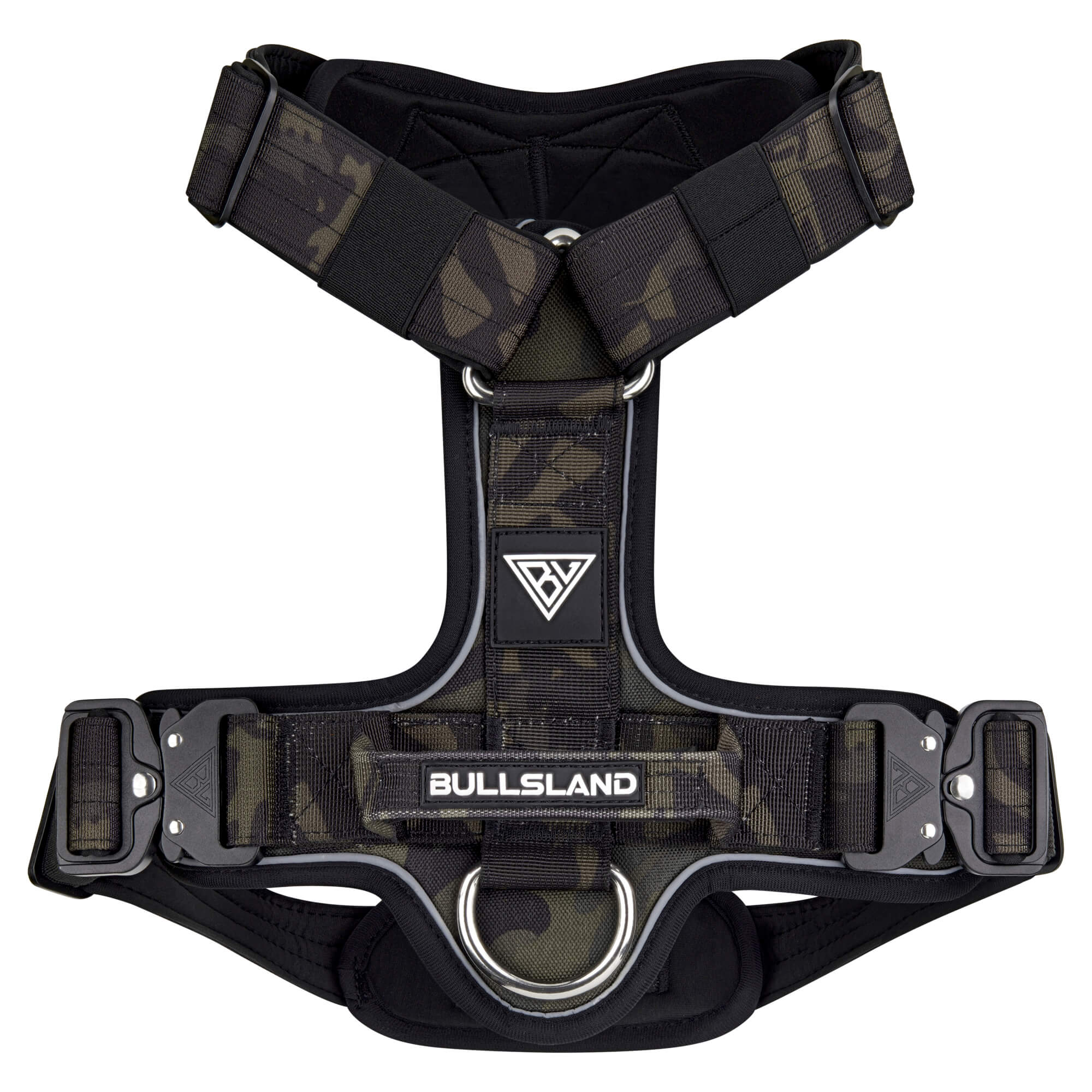 Gevoerd hondentuig "Titan" - met veiligheidsgespen, handvat en neopreen vulling - Zwart camouflage