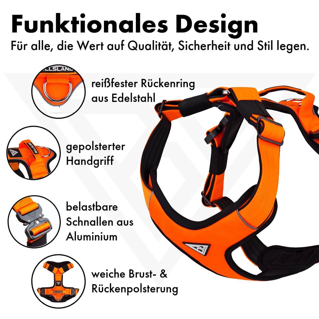 Gevoerd hondentuigje "Titan" - met veiligheidsgespen, handvat en neopreen vulling - Oranje
