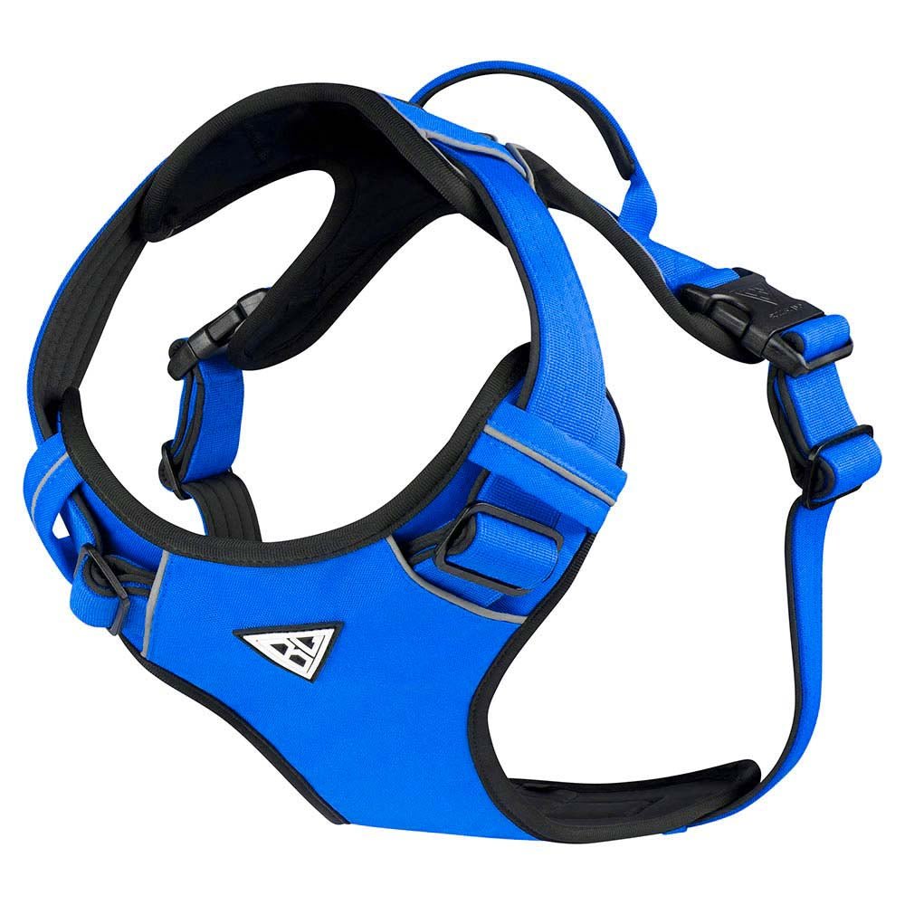 Gepolstertes Hundegeschirr in Blau mit robustem Design und Handgriff.