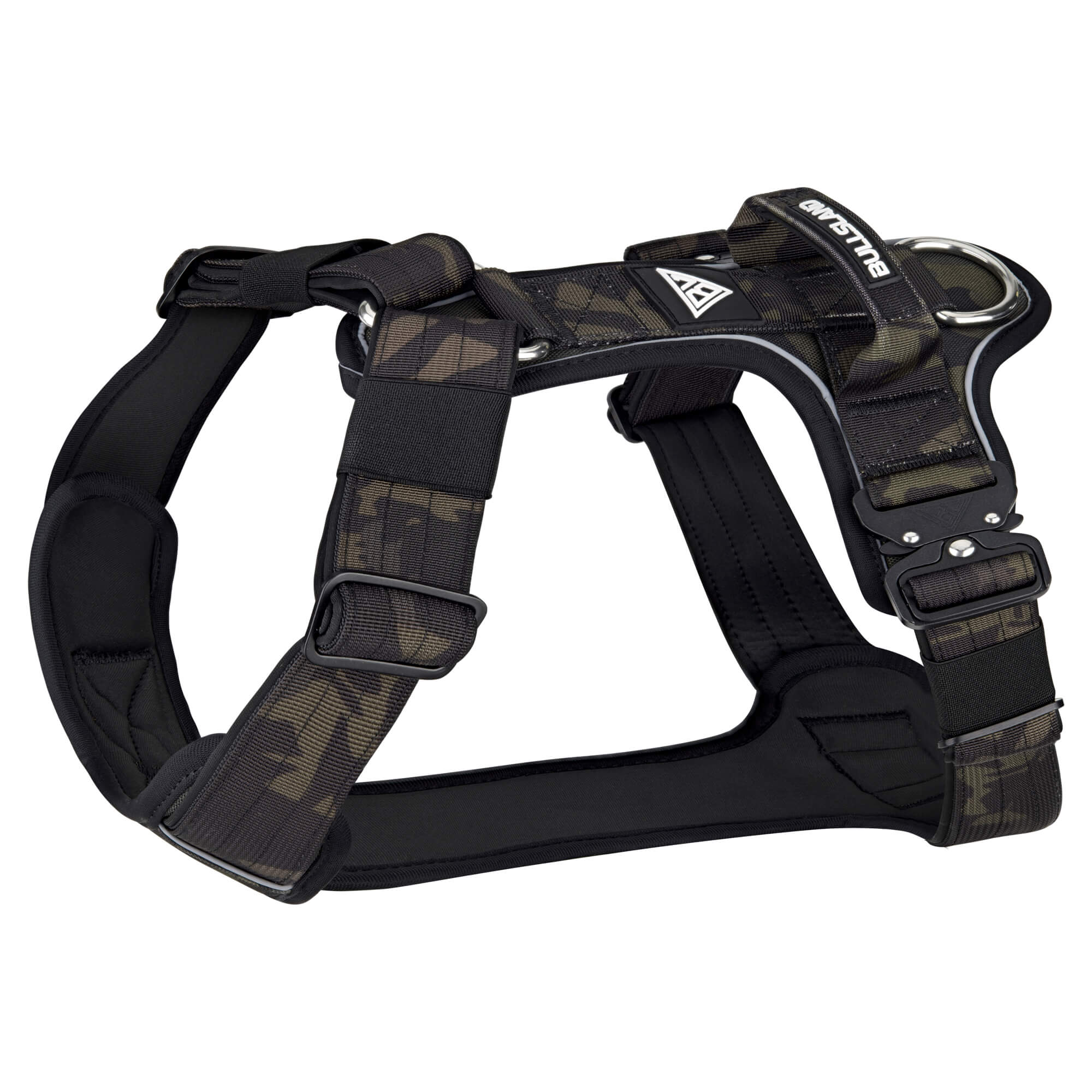 Gevoerd hondentuig "Titan" - met veiligheidsgespen, handvat en neopreen vulling - Zwart camouflage