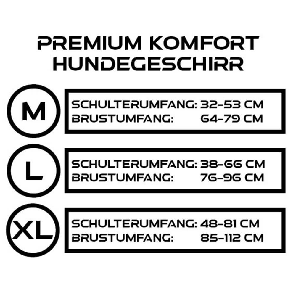 Größentabelle für das Premium Hundegeschirr: M, L, XL mit Brust- und Schulterumfang.
